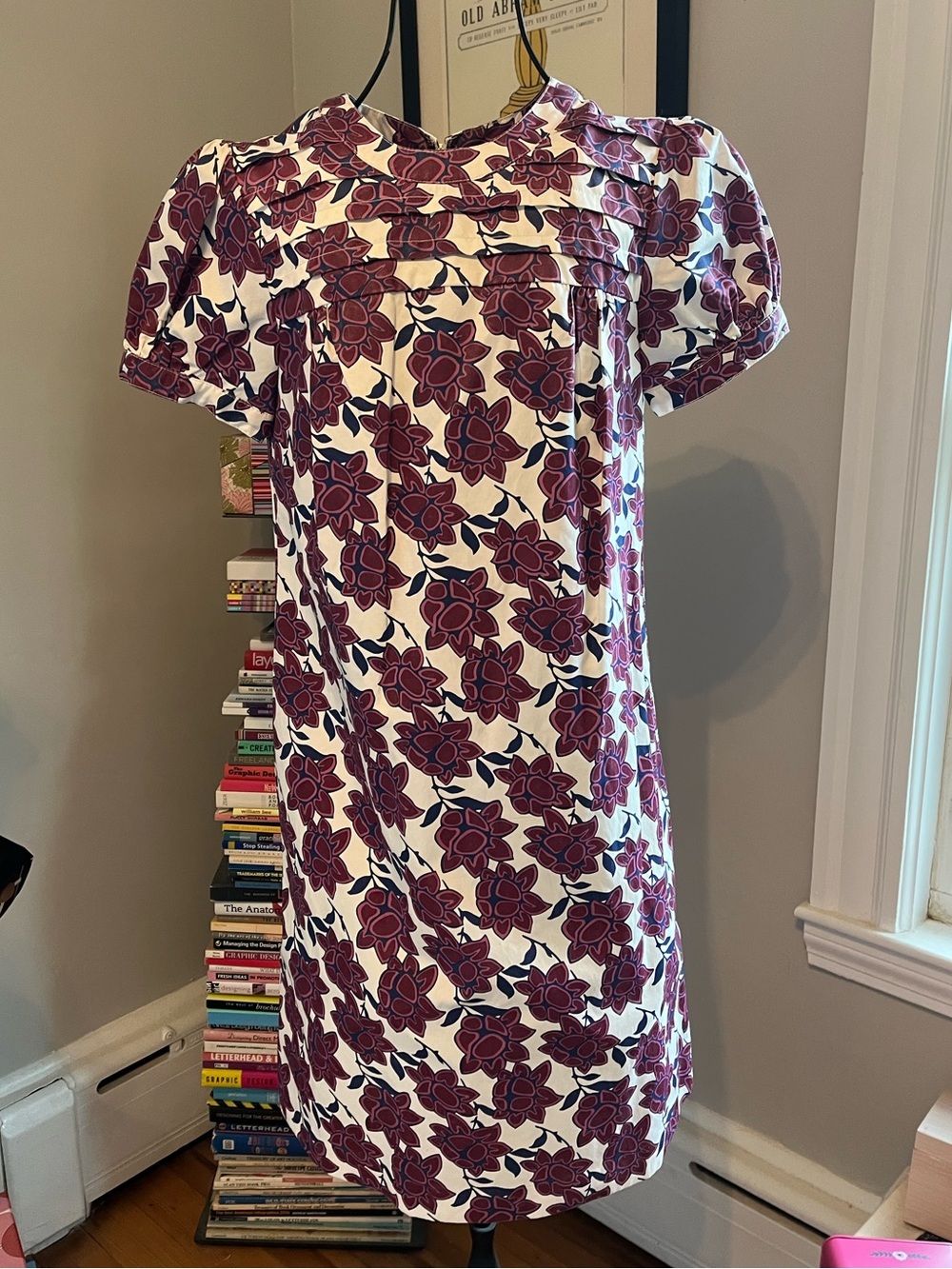 FOSSIL White Dress with Plum and Navy Floral Accents